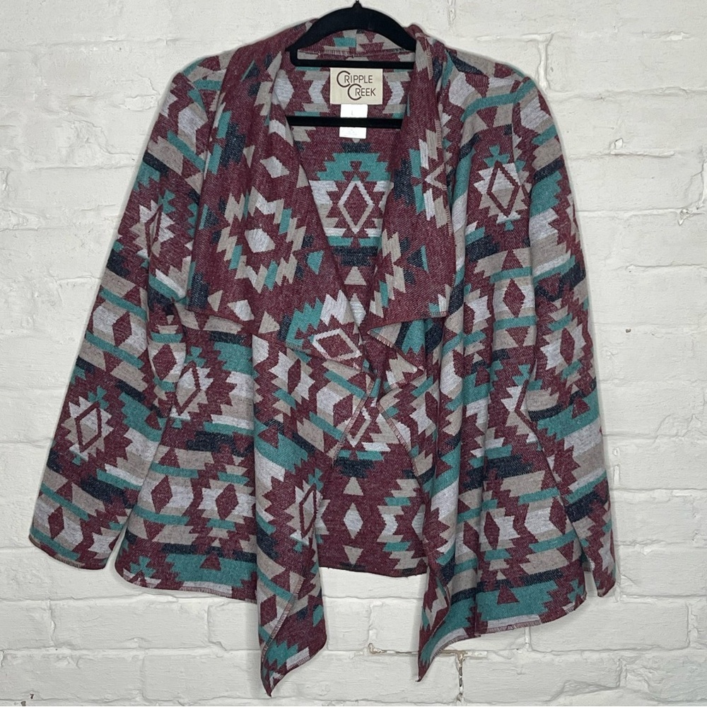 Cripple Creek Women's Aztec Open-Front Cardigan Jacket - Teal & Burgundy